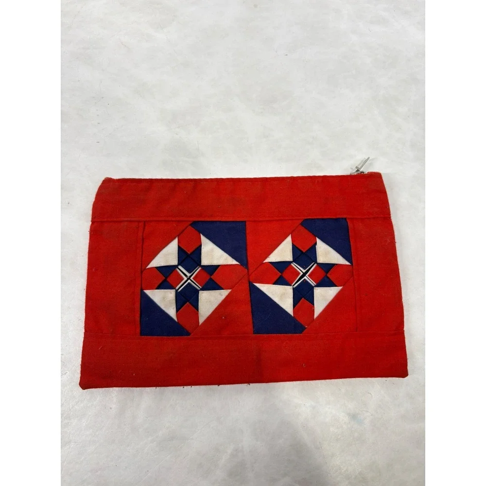 Vintage Lao Song Handicrafts Patchwork Zipper Pouch Red‎ Blue White Thailand Bag